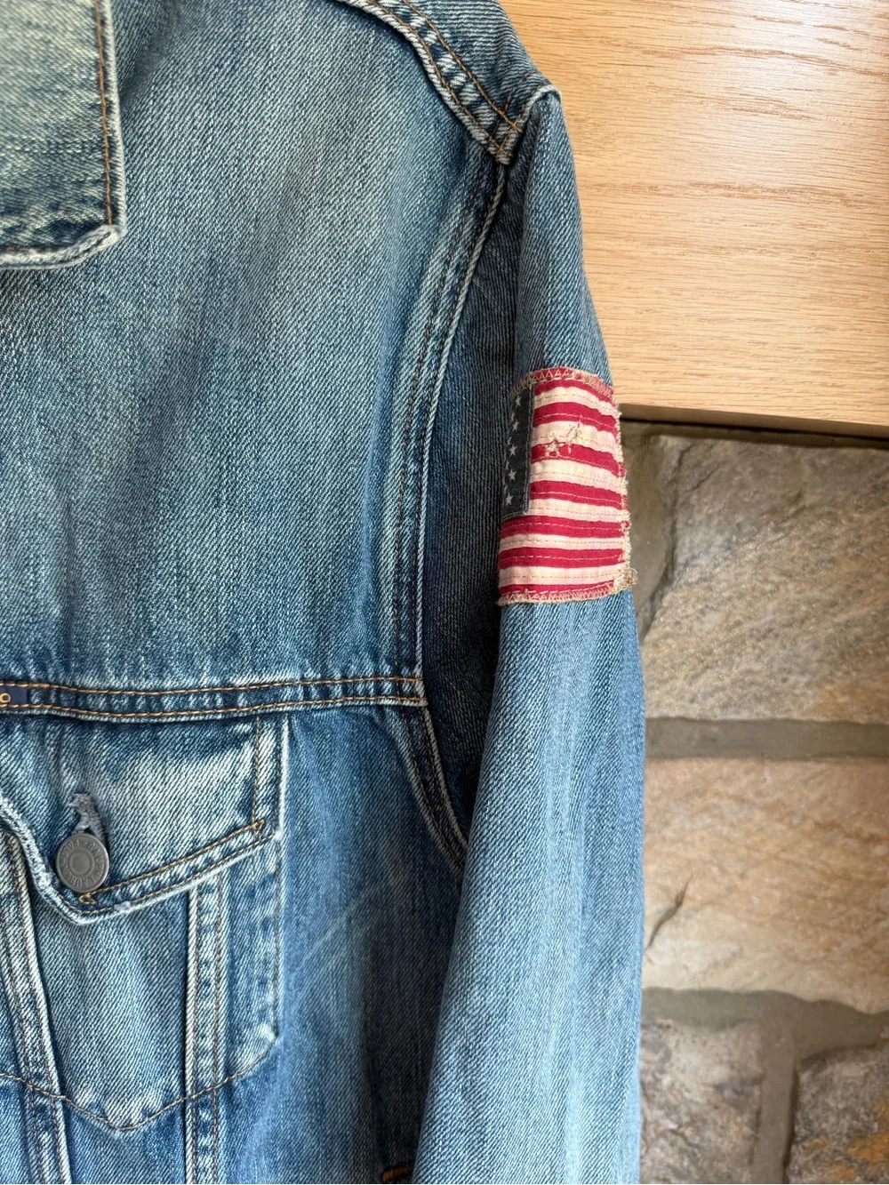 Polo Ralph Lauren Denim Jacket With American Flag Arm Patch Men’s L
